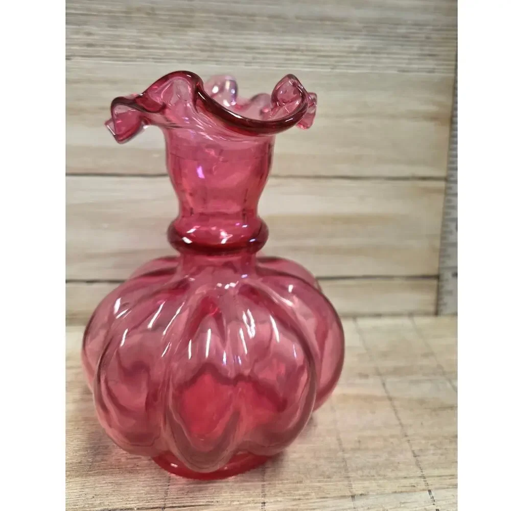 Fenton Cranberry Melon Optic Mini Pitcher Ruffled Rim Applied Clear Handle Vase